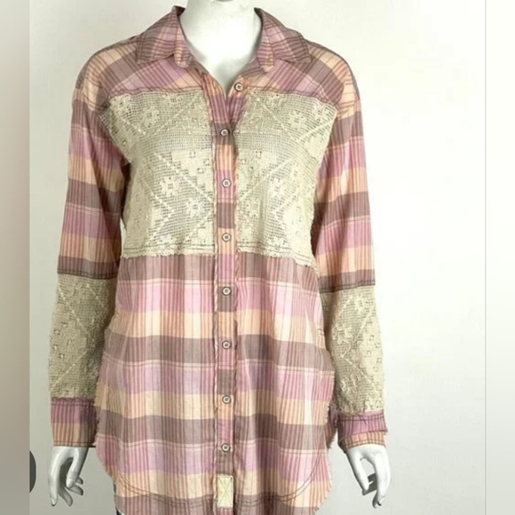 Free People We The Free Plaid Crotchet Button Down Size Small - Picture 2 of 6